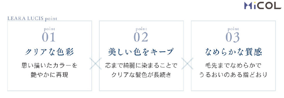 サンコール　レアラルシス　髪質改善　カラー　レアラルシスポイント　01　クリアな色彩　思い描いたカラーを鮮やかに最前　02　美しい色をキープ　芯まで綺麗に染まることでクリアな髪色が長続き　03　なめらかな質感　毛先までなめらかでうるおいのある指どおり