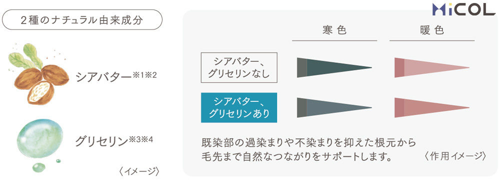 ホーユー　プロステップルミシャス　2種のナチュラル由来成分　シアバター　グリセリン　寒色　暖色　シアバター、グリセリンなし　シアバター、グリセリンあり　既染部の過染まりや不染まりを抑えた根元から毛先まで自然なつながりをサポートします　作用イメージ