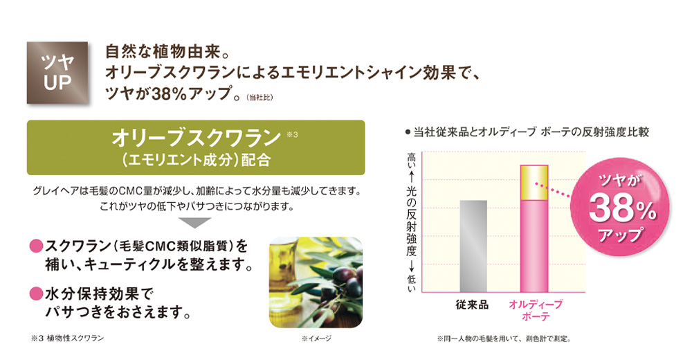 ミルボン　オルディーブ　ボーテ　オルディーブボーテとは　特徴　使い方　ツヤUP 自然な植物由来。オリーブスクワランによりエモリエントシャイン効果で、ツヤが38%アップ。オリーブスクワラン（エモリエント成分）配合　グレイヘアは毛髪のCMC量が減少し、加齢によって水分量も減少していきます。これがツヤの低下やパサつきにつながります。　スクワラン（毛髪CMC類似脂質）を補い、キューティクルを整えます。水分保持効果でパサつきをおさえます。