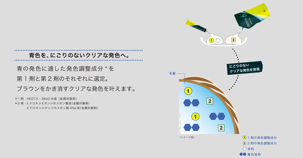 ミルボン　オルディーブ　アディクシー　アディクシーとは　特徴　使い方　青色を、にごりのないクリアな発色へ。　青の発色に適した発色調整成分を第1剤と第2剤のそれぞれに選定。ブラウンをかき消すクリアな発色を叶えます。