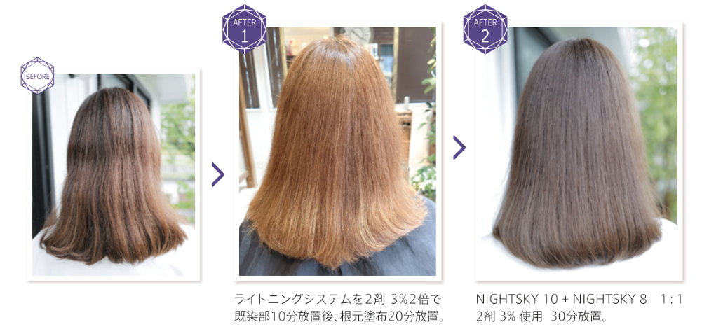 ウエラ　WELLA　イルミナカラー　新色　2024　ライトニングシステムを2剤 3％ 2倍で既染部10分放置後、根元塗布20分放置。　NIGHTSKY 10 + NIGHTSKY 8  1：1　2剤3％使用。30分放置。