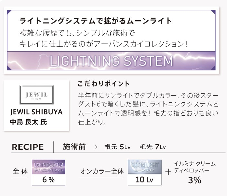 ウエラ　WELLA　イルミナカラー　新色　2024　ライトニングシステムで拡がるムーンライト　複雑な履歴でも、シンプルな施術でキレイに仕上がるのがアーバンスカイコレクション！　こだわりポイント　半年前にサンライトでダブルカラー、その後スターダスト6で暗くした髪に、ライトニングシステムとムーンライトで透明感を！毛先の指どおりもいい仕上がり。　レシピ